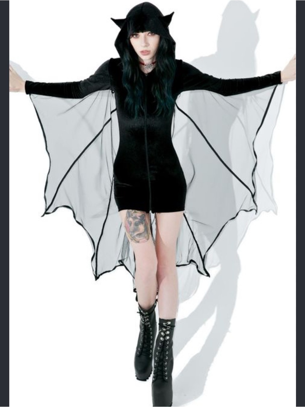 Dolls Kill: Black Velvet Hooded Bat Mini Dress Costume with Mesh Wings Size: M/L